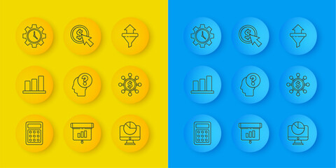 Poster - Set line Calculator, Pie chart infographic, Human head with question mark, Computer monitor, Dollar, share, network, Time Management, Sales funnel arrows and Cursor and coin icon. Vector
