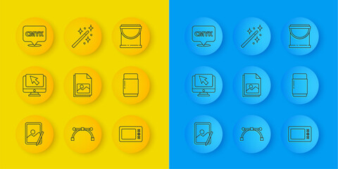 Poster - set line graphic tablet, computer monitor and cursor, picture landscape, eraser rubber, speech bubbl
