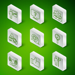 Poster - Set line Team leader, Hand like, Speech bubble chat, Media projector, Question mark, Head hunting and Search people icon. Vector