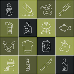 Wall Mural - Set line Tabasco sauce, Cow head, Fish, Steak meat and knife, Cutting board, Fire extinguisher, Pepper and Barbecue grill icon. Vector