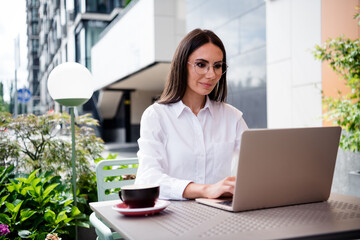 Poster - Portrait of gorgeous classy lady use wireless netbook coworking write email street cafe table outdoors