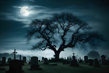 Wall Mural - a tree with leaves in a graveyard under a full moon