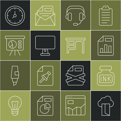 Poster - set line cloud database, inkwell, document with graph chart, headphones, computer monitor, board, cl