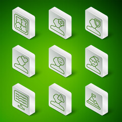 Poster - Set line Mountains with flag on top, Finding problem psychology, Solution, Good mood, Broken heart or divorce, Encephalogram and Concussion, headache icon. Vector