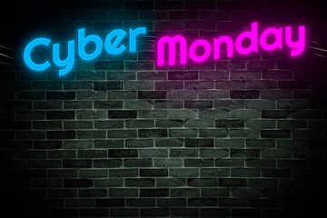 Wall Mural - Cyber Monday Sale neon banner on brick wall background with copy space.