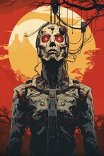 A Skeleton In A Futuristic Protective Suit Connected By Wires, A Skull With Red Eyes