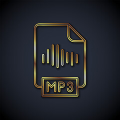Poster - Gold line MP3 file document. Download mp3 button icon isolated on black background. Mp3 music format sign. MP3 file symbol. Vector