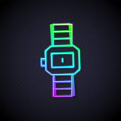 Poster - Glowing neon line Wrist watch icon isolated on black background. Wristwatch icon. Vector