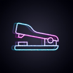 Poster - Glowing neon line Office stapler icon isolated on black background. Stapler, staple, paper, cardboard, office equipment. Vector