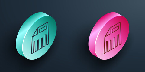 Poster - Isometric line Paper shredder confidential and private document office information protection icon isolated on black background. Turquoise and pink circle button. Vector