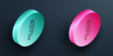 Poster - Isometric line Car muffler icon isolated on black background. Exhaust pipe. Turquoise and pink circle button. Vector