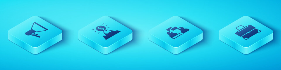 Poster - Set Isometric Megaphone, Mountains with flag, Briefcase and Two sitting men talking icon. Vector
