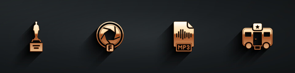 Poster - Set Movie trophy, Camera shutter, MP3 file document and Actor trailer icon with long shadow. Vector