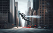 A person wearing a jet suit flies over the sky in New York City America Personal aviation technology