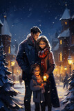 Fototapeta Sport - Portrait of a happy family on Christmas or New Year's Eve against the backdrop of a beautiful snowy street. Happy New Year and Merry Christmas!