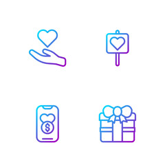 Poster - Set line Gift box, Donation and charity, Heart in hand and Location with heart. Gradient color icons. Vector