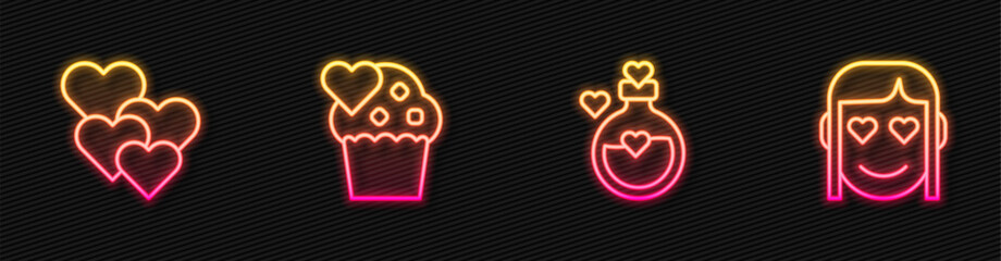 Set line Bottle with love potion, Heart, Wedding cake and Romantic girl. Glowing neon icon. Vector