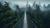 Fototapeta  - Generative AI, treetop boarding bridge on misty fir forest beautiful landscape in hipster vintage retro style, foggy mountains and trees...