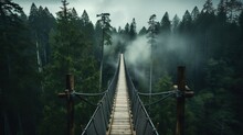 Generative AI, Treetop Boarding Bridge On Misty Fir Forest Beautiful Landscape In Hipster Vintage Retro Style, Foggy Mountains And Trees...