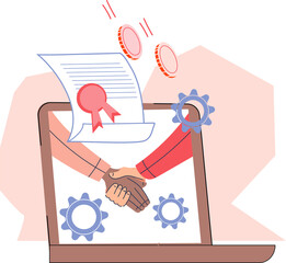 Wall Mural - Online smart contracts a secure way to establish partnerships and make deals in business. Handshake at computer backdrop for digital contracts and online partnerships banners.