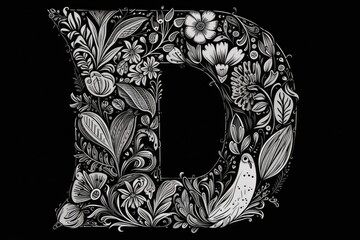 letter d, hand-drawn doodle style, on black background