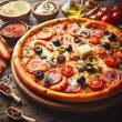 © pahis - pizza with salmon and mussels on a light background, Mediterranean cuisine, Restaurant menu