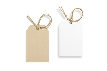 Set of two blank paper hang tags, price tags or cloth labels with string isolated on a transparent background, PNG. High resolution.