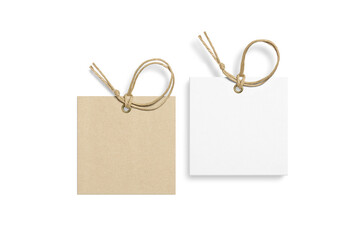 Set of two blank paper hang tags, price tags or cloth labels with string isolated on a transparent background, PNG. High resolution.