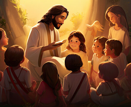 jesus sitting around with children on the grass