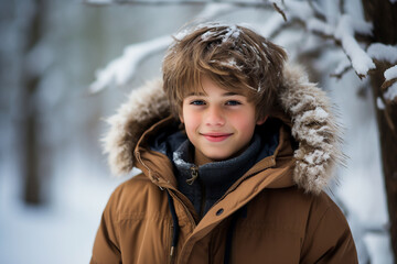 Poster - Adorable child posing against amazing winter view snowy park forest Generative AI