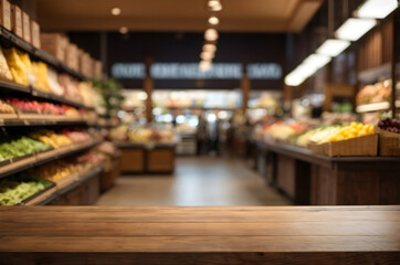 Poster - empty wooden table with beautiful grocery store background