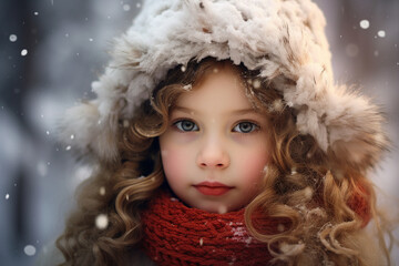 Sticker - Adorable child posing against amazing winter view snowy park forest Generative AI