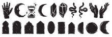 Celestial Linocut Print Set, Vector Black Oriental Arch Window, Grunge Texture Islamic Frame. Engraving Magic Boho Symbol, Mystic Spiritual Object, Moon, Crystal, Snake, Hands. Celestial Linocut Stamp