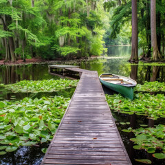 Sticker - Tranquil swamp dock with canoes and lush greenery. 
