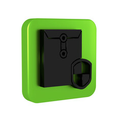 Poster - Black Envelope with shield icon isolated on transparent background. Insurance concept. Security, safety, protection, protect concept. Green square button.
