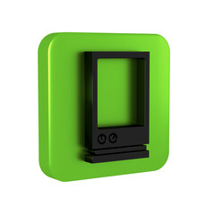 Poster - Black Voice assistant icon isolated on transparent background. Voice control user interface smart speaker. Green square button.