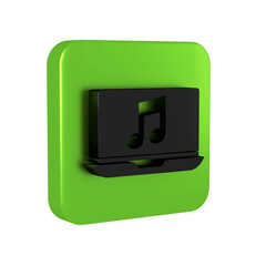 Poster - Black Laptop with music note symbol on screen icon isolated on transparent background. Green square button.