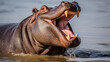 Angry hippo Hippopotamus amphibius, hippo with a wide open mouth displaying dominance. generative ai