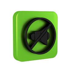 Poster - Black Speaker mute icon isolated on transparent background. No sound icon. Volume Off symbol. Green square button.