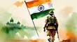  Watercolor illustration of Indian Army soldier holding flag of India with pride Celebrating Republic day of india,Independence Day, wavy Indian flag, tricolour , Greeting card.
