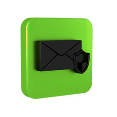 Poster - Black Envelope with shield icon isolated on transparent background. Insurance concept. Security, safety, protection, protect concept. Green square button.