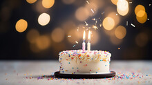 White Vanilla Birthday Cake With Sprinkles And Candles, Celebration, Happy Birthday