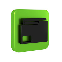 Poster - Black Document folder icon isolated on transparent background. Accounting binder symbol. Bookkeeping management. Green square button.