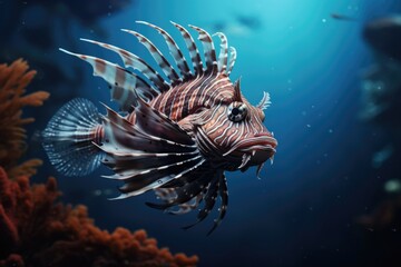 Poster - A close up of a lion fish in the water. This image can be used to depict underwater marine life.