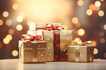 Poster - A pile of gold gift boxes with red bows. Perfect for any occasion or celebration.