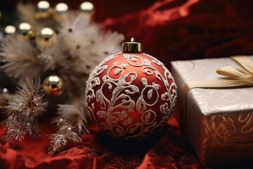 Aufkleber - A festive red and white Christmas ornament placed next to a beautifully wrapped gift box. Perfect for holiday-themed designs and seasonal promotions.