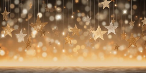 Poster - Gold stars hanging from strings in a room. Perfect for adding a touch of glamour and sparkle to any celebration or event.
