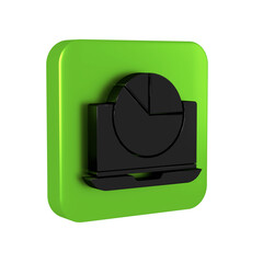 Poster - Black Laptop with graph chart icon isolated on transparent background. Report text file icon. Accounting sign. Audit, analysis, planning. Green square button.
