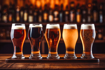 Glasses of beer on the counter. Different types of beer on a bar top in a pub. Beer tasting in a pub. Delicious beer light brew, dark brew.