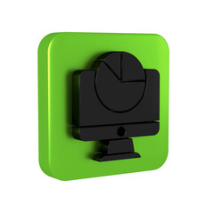 Poster - Black Computer monitor with graph chart icon isolated on transparent background. Report text file. Accounting sign. Audit, analysis, planning. Green square button.